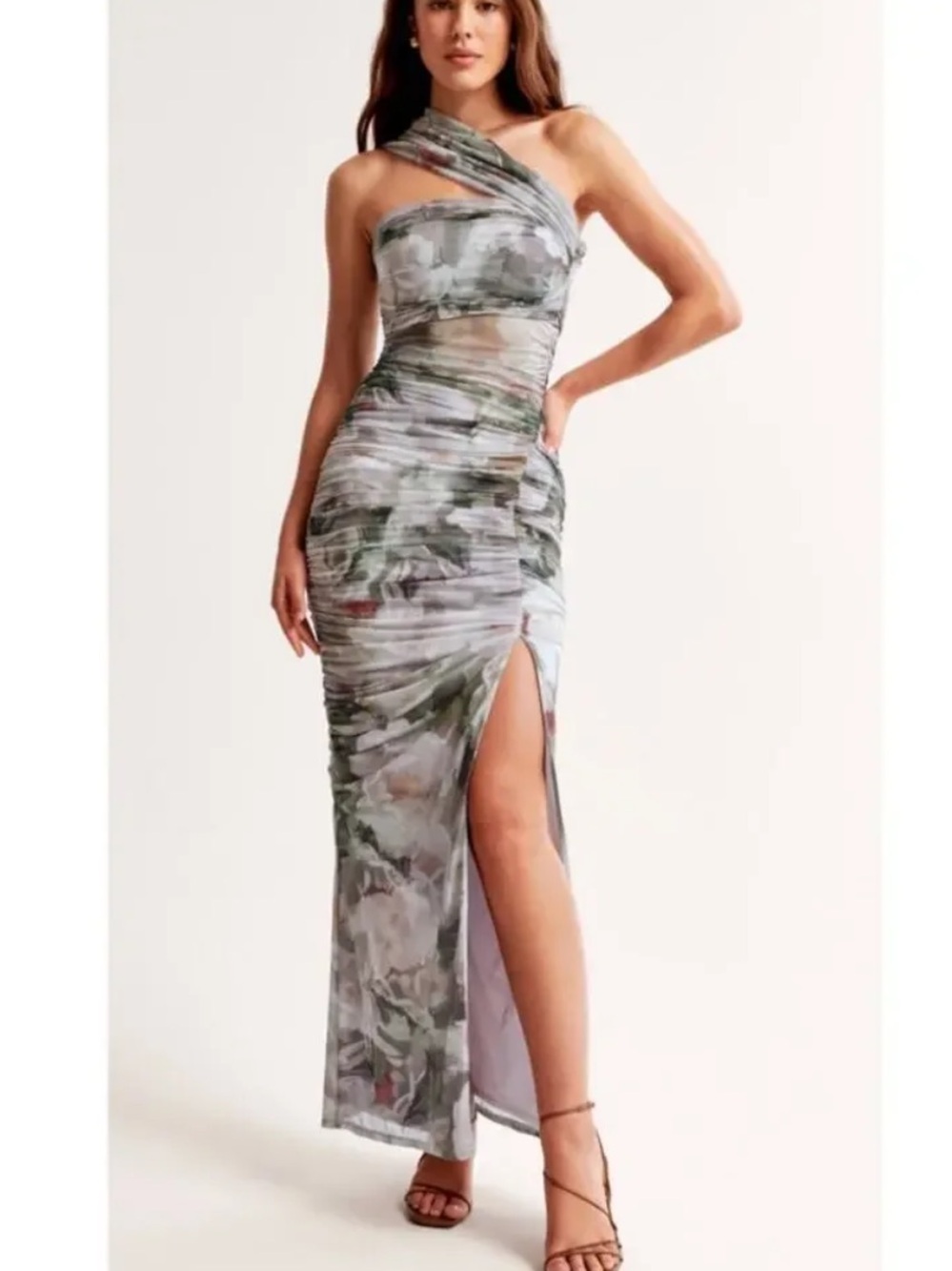 Abercrombie & Fitch One-Shoulder Ruched Floral Dress in Sage and Blush